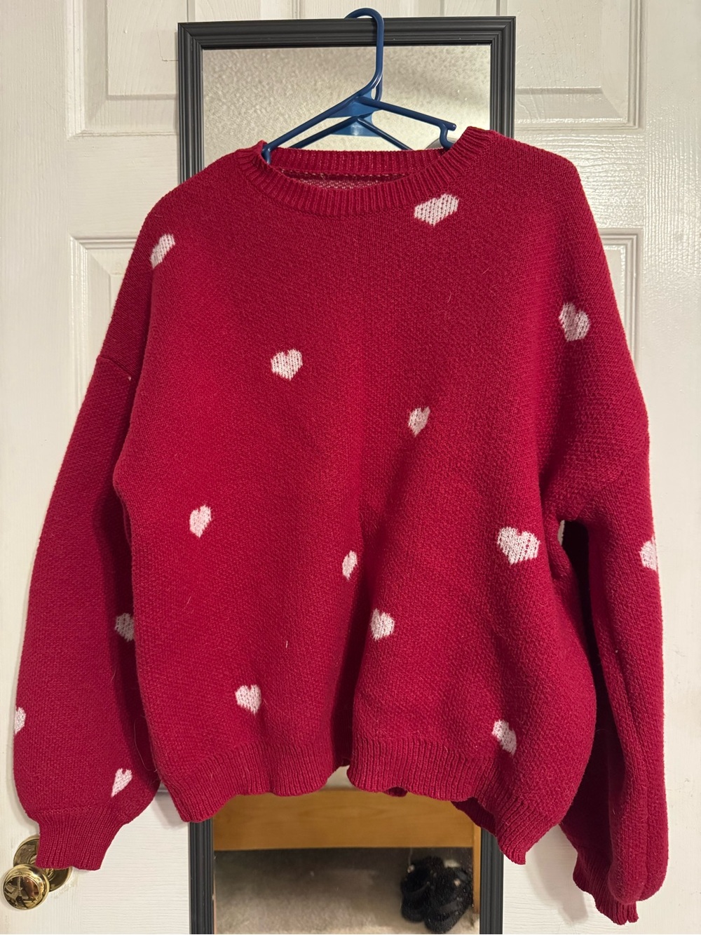 Red Heart-Pattern Crewneck Sweater - Women's Cozy Knit